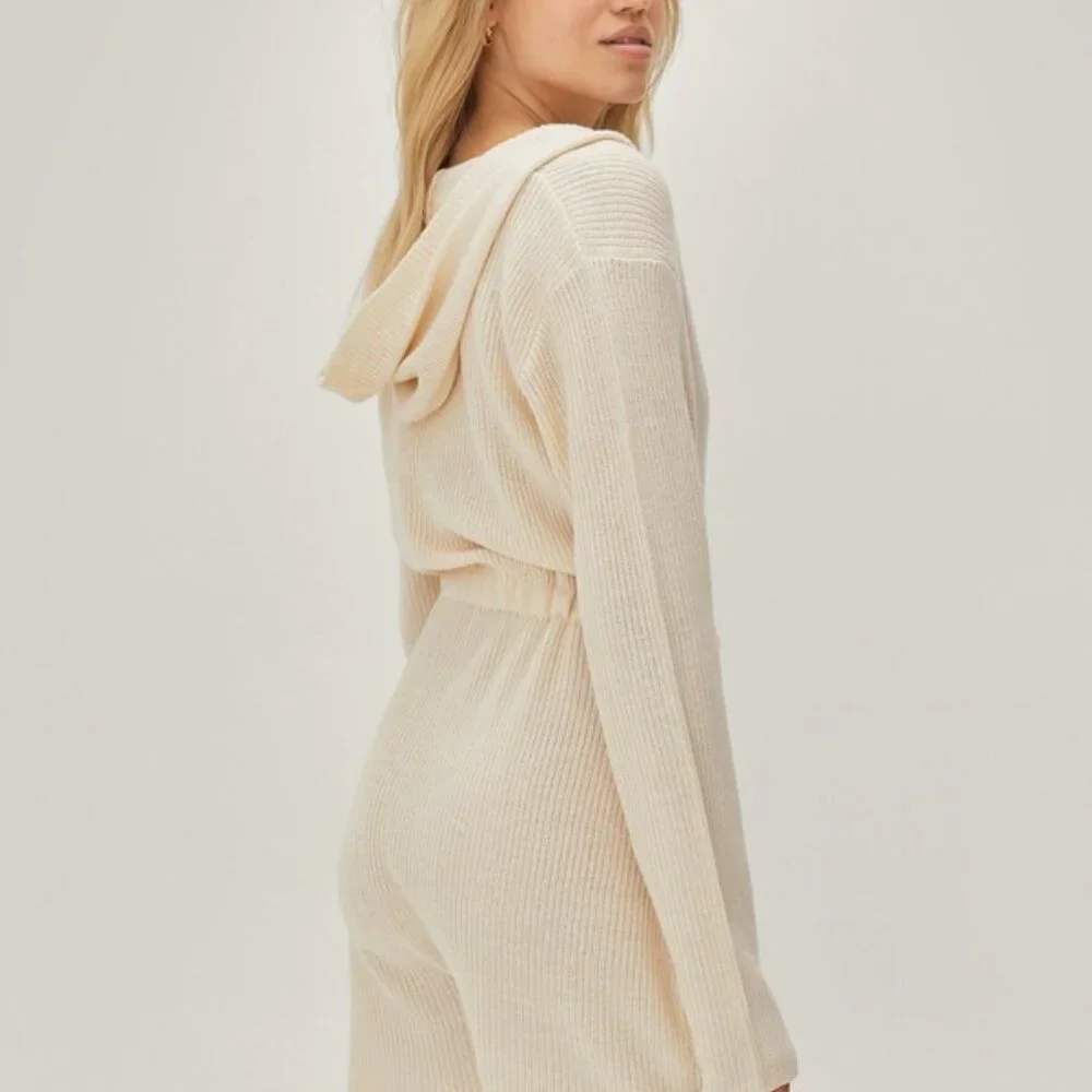 Nasty Gal Womens Recycled Knitted Ribbed Hooded Long Sleeve Rompee Sz Large Sand - Picture 2 of 12